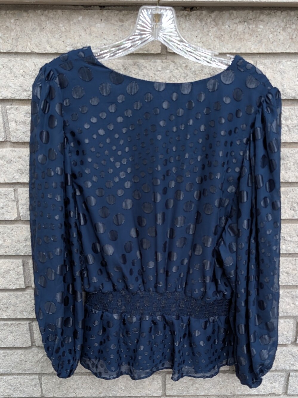 MSK Balloon Sleeve Cinched Waist Polka Dot Blouse Size XL Navy New Year's Eve